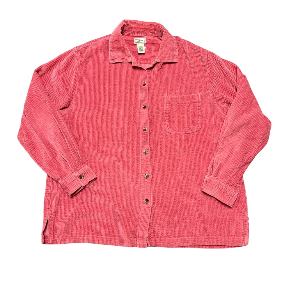 LL Bean Womens Large Wide Wale Corduroy Shirt Coral Pink Cotton Button Down